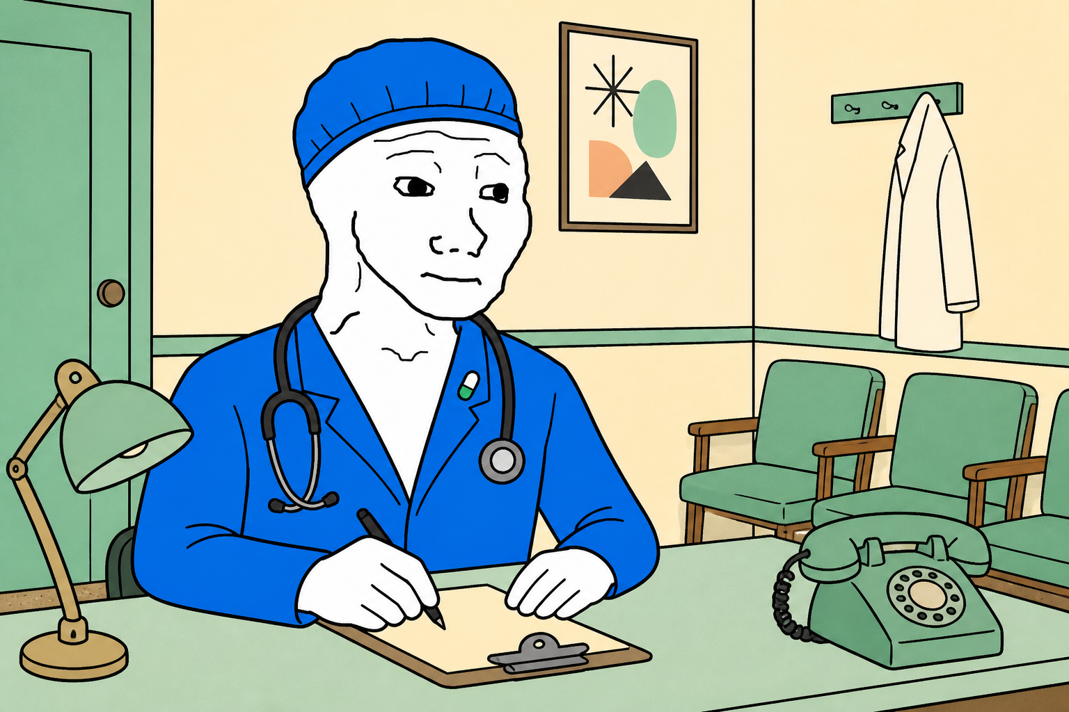 Dr. Feels writing a prescription in a vintage clinic
