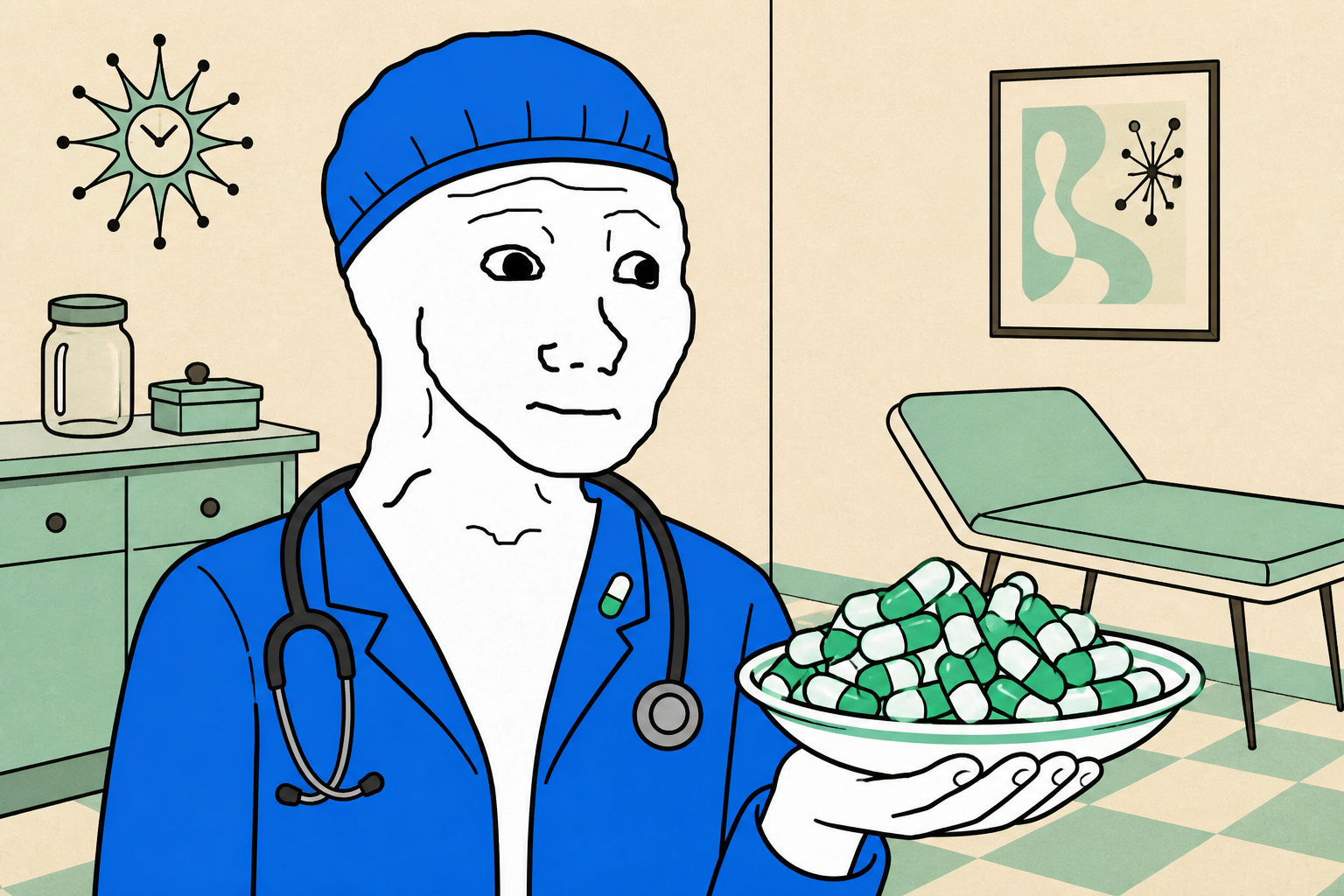 Dr. Feels holding a plate of mint-white capsules